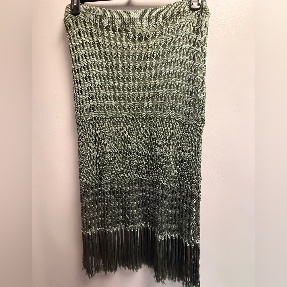 EUC Chico’s Gorgeous Olive Green Crochet Fringe Midi Skirt Chico’s Sz 2 (12/L)